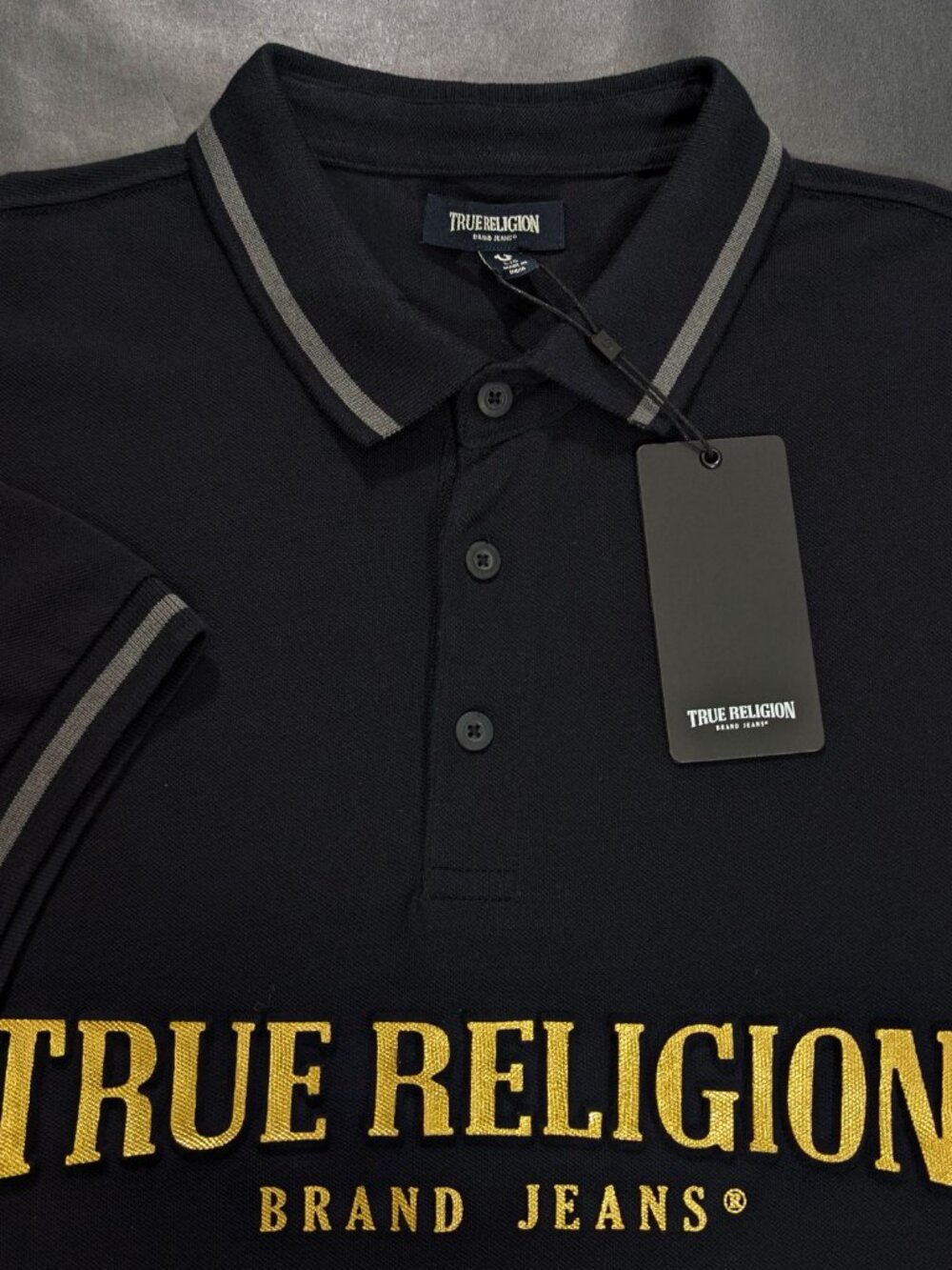 $79 True Religion Polo Shirt Men's Color Black Size L Foil Arch Pique